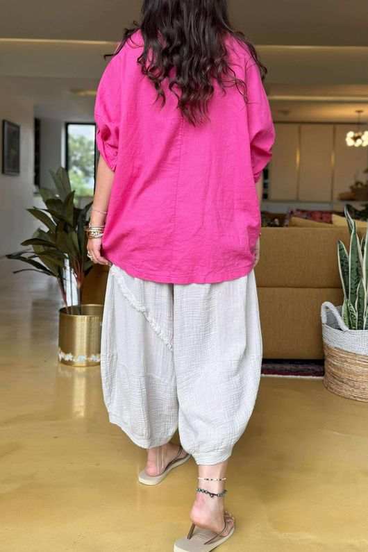 Linen Blend Quirky Top Flamingo
